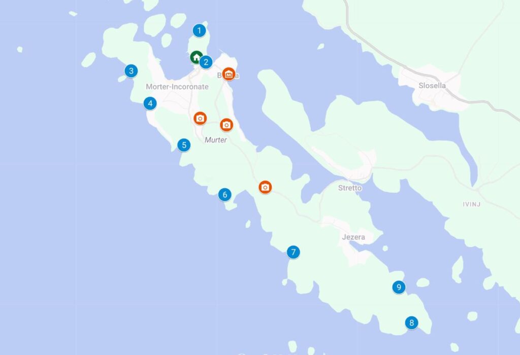 mappa dell'isola di murter con spiagge e punti di interesse