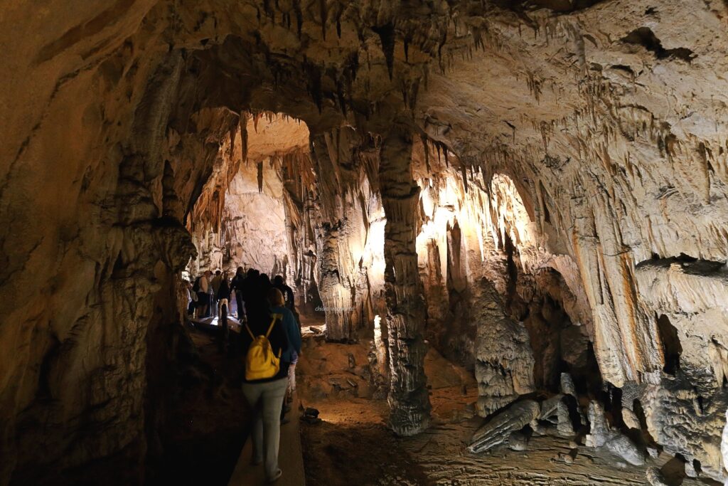 Interno della Grotta Inferiore di Cerovac, con stalattiti illuminate e visitatori lungo il percorso guidato.